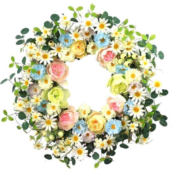 24” Artificial Flower Wreath,Daisy and Rose Wreath Colorful Spring/Summer Floral - Picture 1 of 7